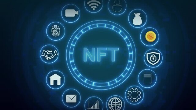 Circular interface animation with non fungible token nft layout. Circular interface blockchain data assets chart. Circular interface crypto finance crypto art.