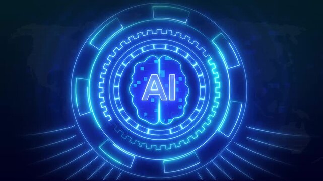 Circular interface animation with blue neon ai brain icon. Circular interface artificial intelligence tracker panel. Circular interface world map data background.