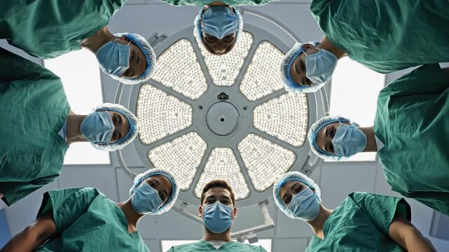 Video of a team of surgeons and medical professionals in scrubs, masks, and caps looking down at the camera from a patients perspective in a bright operating room