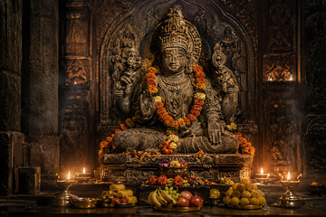 Obraz premium Ancient Hindu deity statue decorated with marigold garlands inside stone temple shrine, surrounded by oil lamps, fruit offerings, incense, carvings, and devotional ambience ceremonial altar