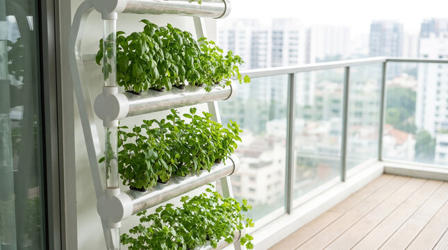 Modern vertical garden system on balcony for urban agriculture