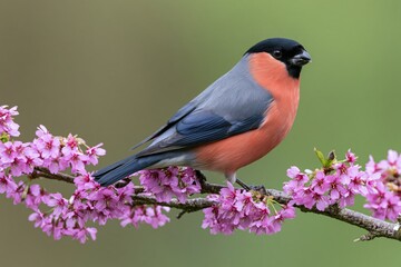 Fototapeta premium The Pink Breasted Bullfinch Perched on Blooming Cherry Blossom Branch in Spring