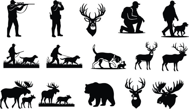 Hunting Silhouette Collection Hunter Wildlife Deer Vector Illustration Set