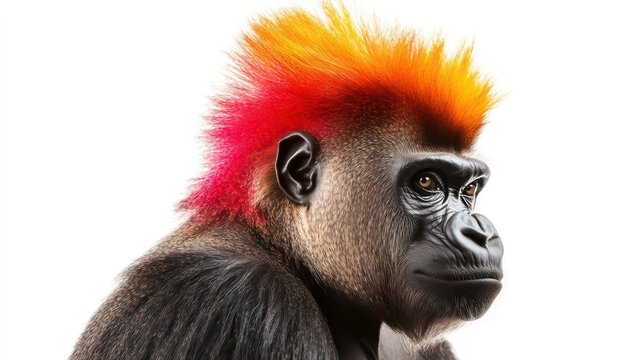 Portrait of gorilla monkey with bright vibrant mohawk, side view isolated on white background