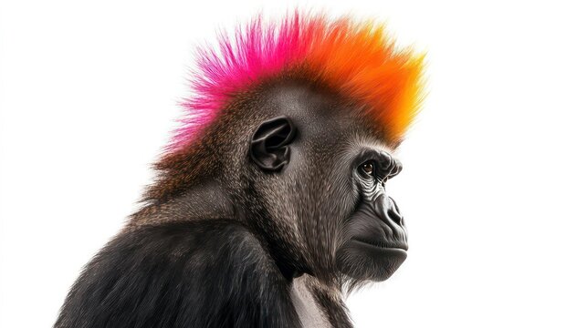 Portrait of gorilla monkey with bright vibrant mohawk, side view isolated on white background
