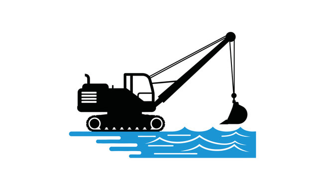 Black silhouette of a dragline excavator dredging water.