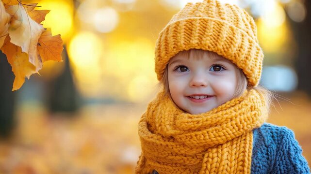 Smiling toddler girl in yellow knit hat and matching scarf, wearing a blue sweater amid golden autumn leaves and warm sunlight