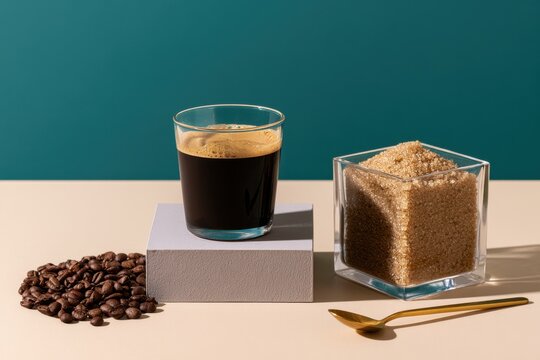 A glass of espresso coffee with crema on a pedestal, brown sugar, and coffee beans on a teal and beige background