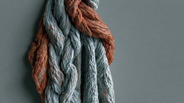 Thick twisted braided rope in blue and orange brown tones hanging against plain gray wall showing abstract textured woven fiber art and natural textile concept