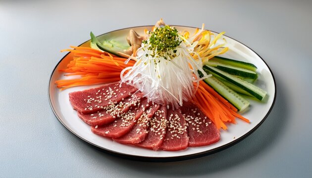 thinly sliced raw beef garnished with sesame seeds served with julienned carrots cucumber and enoki mushrooms on a white plate