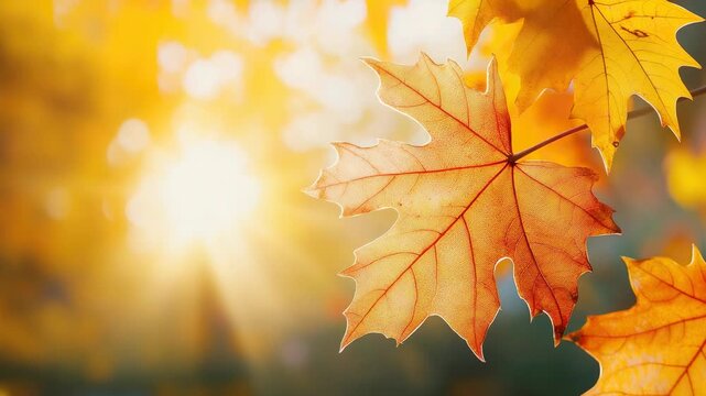 Close-up golden maple leaves backlit by warm sunlight