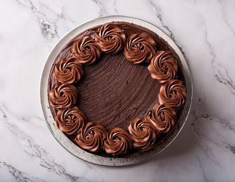 whole chocolate cake with creamy frosting roses top down view on a white marble surface