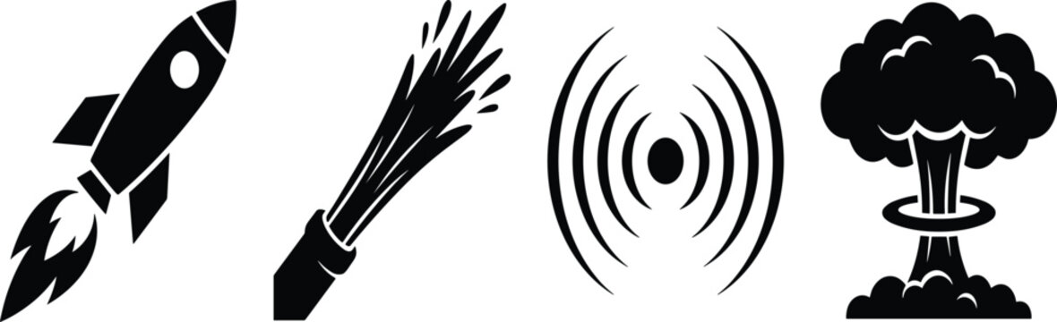 Science and technology black silhouette icons set featuring space rocket water spray sound wave and nuclear explosion