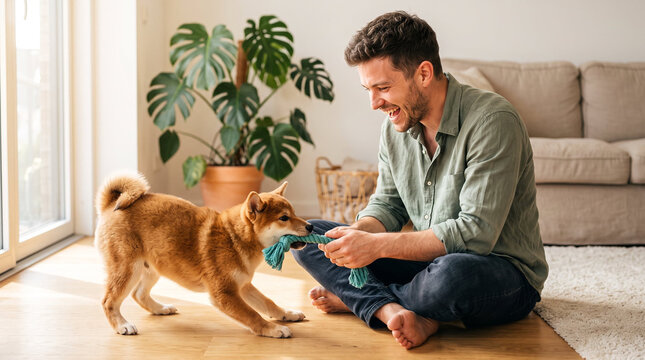 Smiling young man and cute Shiba Inu puppy with cheerful excitement playing tug-of-war with fabric rope toy representing strong pet owner bond against bright cozy living room background with houseplan