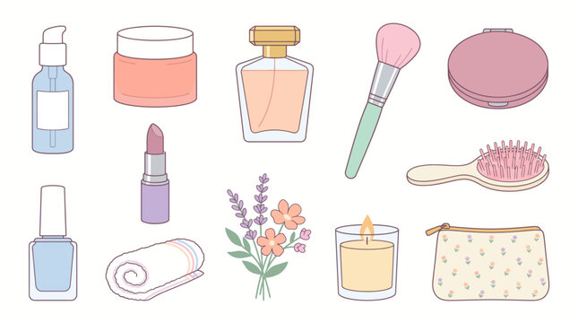Collection of beauty and cosmetic products arranged on a white background.
