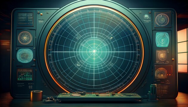 vintage military radar screen displaying glowing targets in dark room