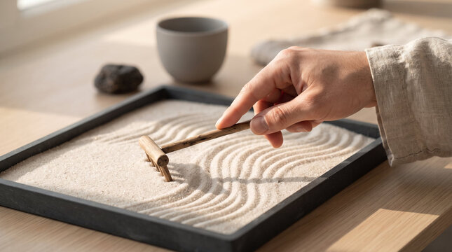 Hand in linen sleeve with calm mood raking sand in tabletop zen garden representing mindfulness against sunny wooden desk background 