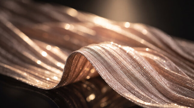 Shimmering pleated fabric close up in elegant macro style, warm champagne gold and bronze hues, luxurious textile background for holiday celebration fashion designs