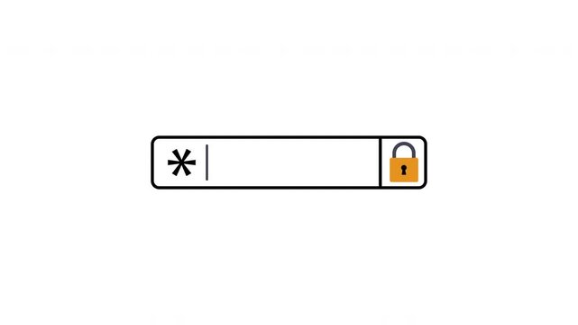 Password input field animation with typing cursor and scaling lock. Ideal for cybersecurity concepts, data protection, login screens, user authentication, web forms, privacy settings.