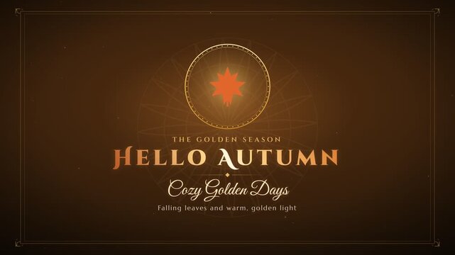 Hello Autumn elegant golden fall season greeting animation with maple leaf and ornamental frame