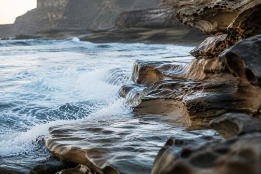 Ocean waves hitting a rocky shore with smoothed stone surfaces.