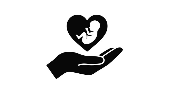 Minimalist black and white vector illustration showing a delicate human hand holding a heart shape with a small fetus silhouette inside representing care and life