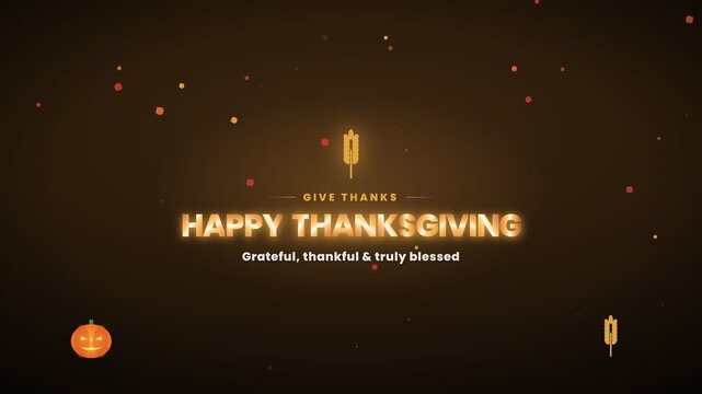 Happy Thanksgiving elegant golden greeting animation with wheat and ornamental frame