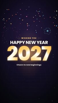 Happy New Year 2027 elegant gold motion graphics greeting with fireworks, confetti and sparkles on dark background
