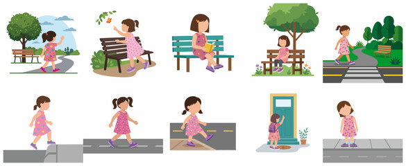 Naklejka premium Collection of flat vector illustrations showing a young girl in a pink floral dress in various outdoor scenarios including walking, sitting on a park bench, reading, and exploring the neighborhood.