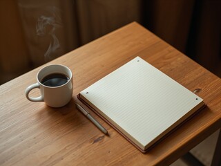 Fototapeta premium Coffee Mug Notebook Pen on Wooden Table Warm Cozy Morning Scene