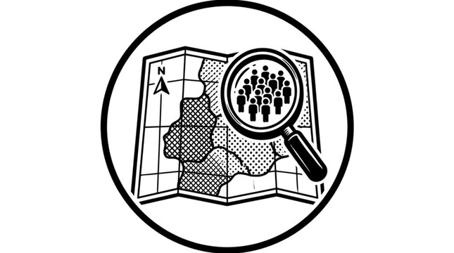 Magnifying glass over map showing population density.