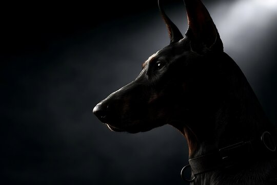 Dramatic Silhouette of a Doberman Pinscher Dog Head Against a Dark Background.