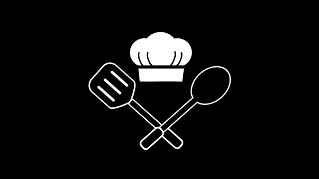 A white line art animation of a chef hat with a crossed spatula and spoon appearing on a black background.