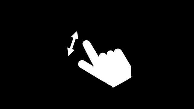 Displaying a white silhouette hand executing a vertical pinch-to-zoom multi-touch gesture against a solid black background.