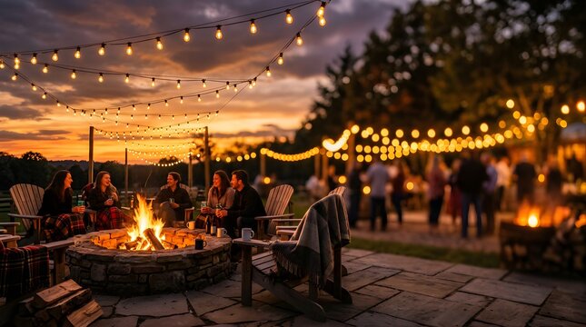 Friends gathered around a stone fire pit at sunset with string lights