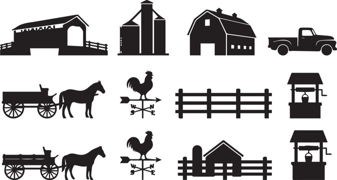 Farm buildings and countryside life silhouettes set. Barn, grain silo, covered bridge, vintage pickup truck, horse-drawn carriage, weather vane rooster, fence, and water well black icons isolated on w