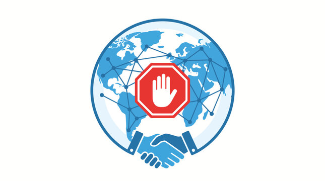 Global Anti-Trafficking Illustration for Human Trafficking Awareness featuring a World Map, Stop Sign Hand, and Handshake for International Cooperation and Prevention on July 30th
