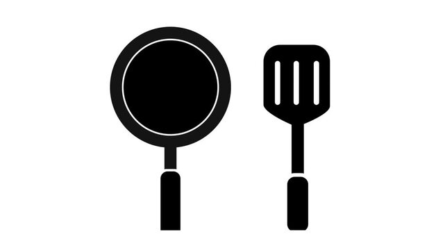 Black silhouettes  animation of a frying pan and a kitchen spatula appear over a clean white background.