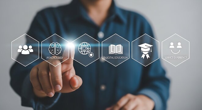 Psychology and mental health concept, person touching digital interface with icons for psychology, education, and happiness, futuristic healthcare technology