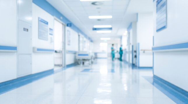 Blurred abstract background of a clean and bright modern hospital corridor, medical presentation background with copy space