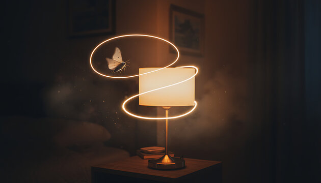 Moth Attracted to a Glowing Table Lamp with Golden Light Trails in a Dark Interior