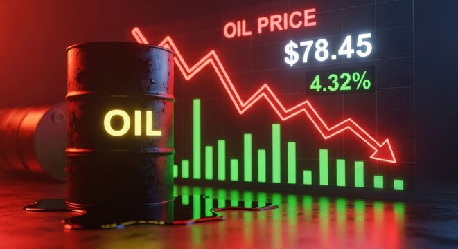 Crude oil barrel with falling stock market graph, global energy crisis and oil price decline concept, financial data chart showing economic recession