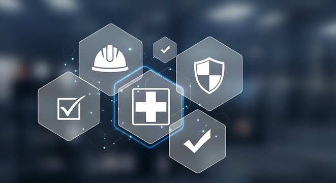 Industrial safety icons on digital interface, workplace health and safety compliance concept, first aid and protection symbols in blue tech style