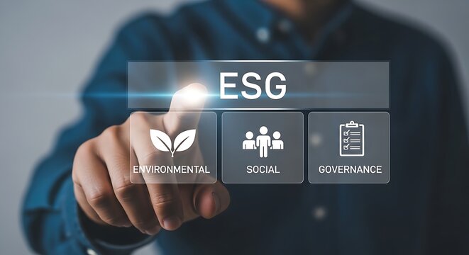 ESG concept with businessman touching virtual screen, environmental social and governance icons, corporate sustainability and ethical investment strategy
