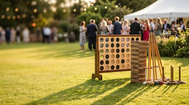 Lawn games setup with giant wooden blocks and rings at an outdoor wedding