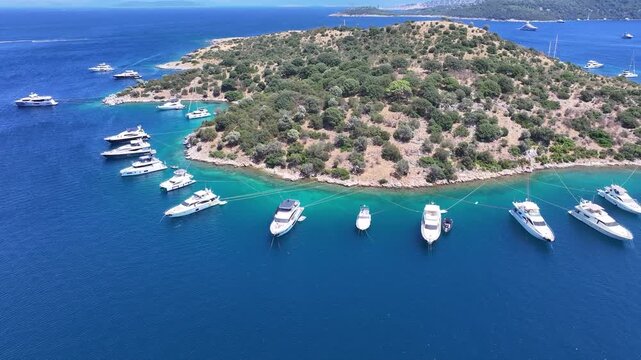 Bodrum Turkbuku Beach and Island Drone Video, Summer Season in the Turkbuku Beach, Bodrum Mugla, Turkiye (Turkey)