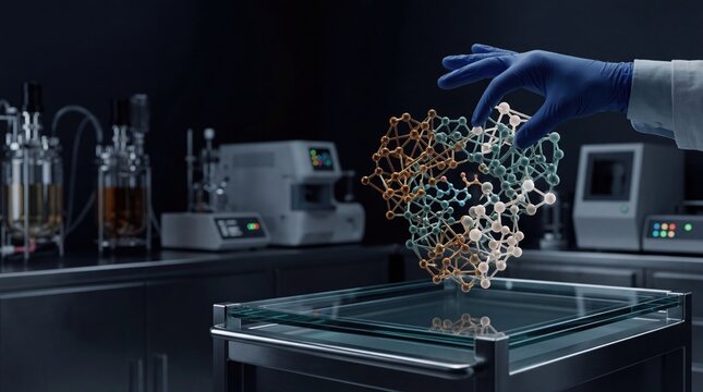 Scientist hand interacting with floating holographic molecular structure in laboratory, biotechnology research and pharmaceutical development concept
