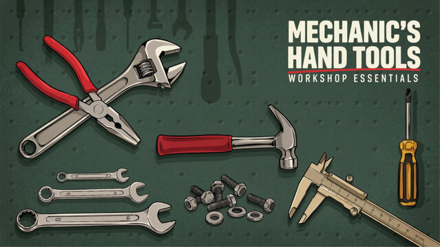 Mechanics hand tools and workshop essentials on green pegboard