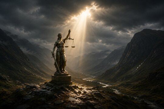 Sunlight on a statue of Lady Justice in a valley, epic.