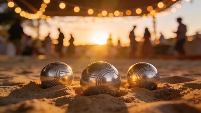 Three shiny metal bocce balls sit resting on the soft sandy ground during a beautiful golden hour sunset with warm glowing lights in the background